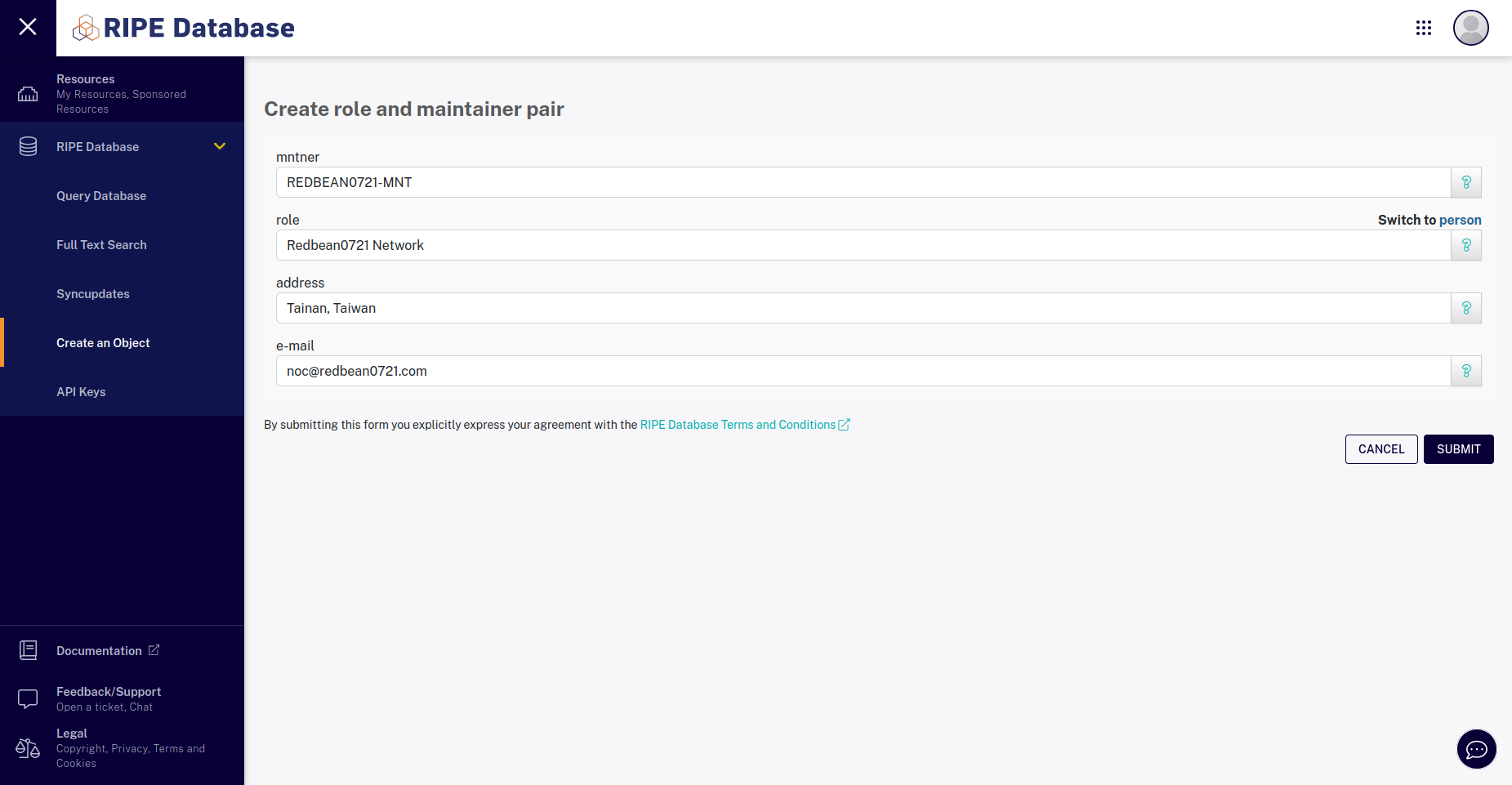 RIPE Edit role and maintainer pair